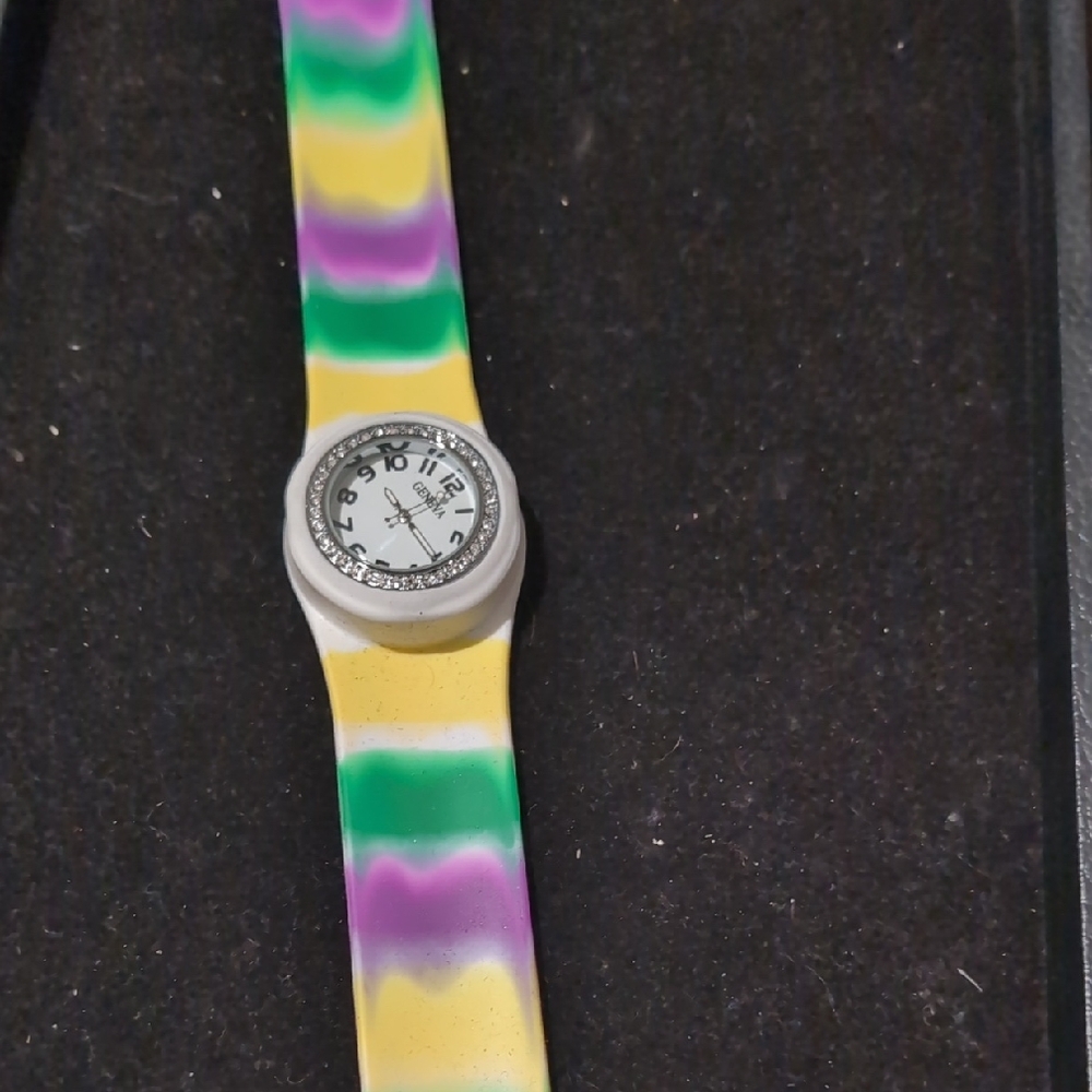 Geneva silicone slap bracelet watch, characterized by its flexible band and rhin